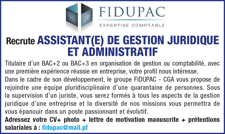 FIDUPAC Expertise Comptable Recrute ASSISTANT(E) DE GESTION JURIDIQUE ET ADMINISTRATIF