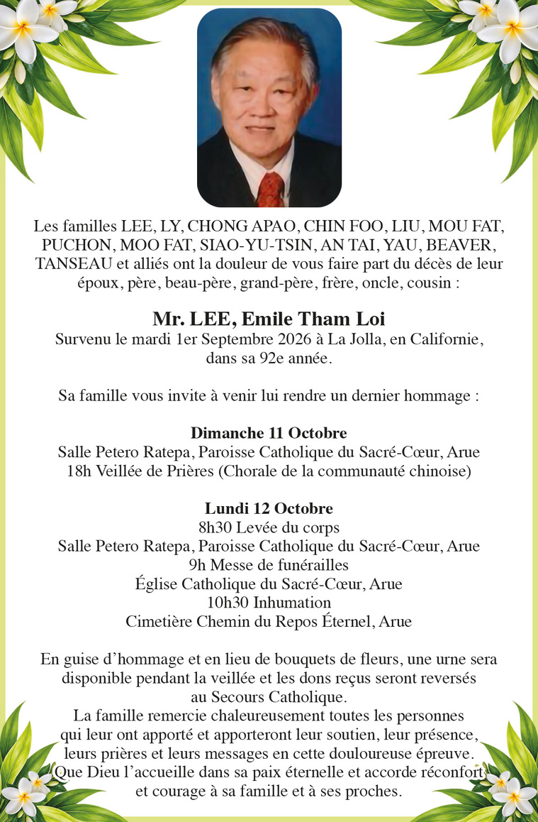AVIS DE DECES de LEE, Emile Tham Loi