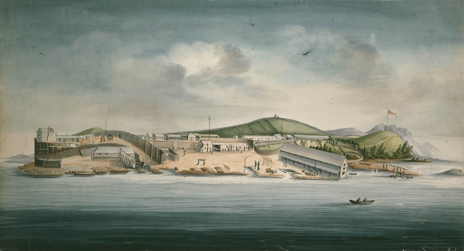 La station pénale de Macquarie Harbour, sur Sarah Island, peinte par un prisonnier, William Buelow Gould. Le centre pénitentiaire ne fonctionna que de 1822 à 1833.
