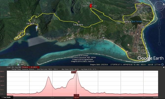 Parcours "Toa" : Le début de course est roulant sur environ 2 km, ce qui permet un échauffement musculaire. On monte ensuite progressivement avec en première difficulté la montée vers le col de Vaiare. Le parcours en montagne est en grande partie ombragé avec des pics importants et une surprise bardée de cordages à environ 400 m de dénivelé. La fin de course sera infernale avec une sortie sur la plage de Temae à la pointe de Ti’aia. Pour cette course, les organisateurs demandent aux participants de partir avec 3 litres d'eau dans leurs sacs, un couvre-chef et des lunettes de soleil sont également conseillés. Le binôme qui l'emportera aura vaincu l'une des courses les plus difficiles de l'année 2016.