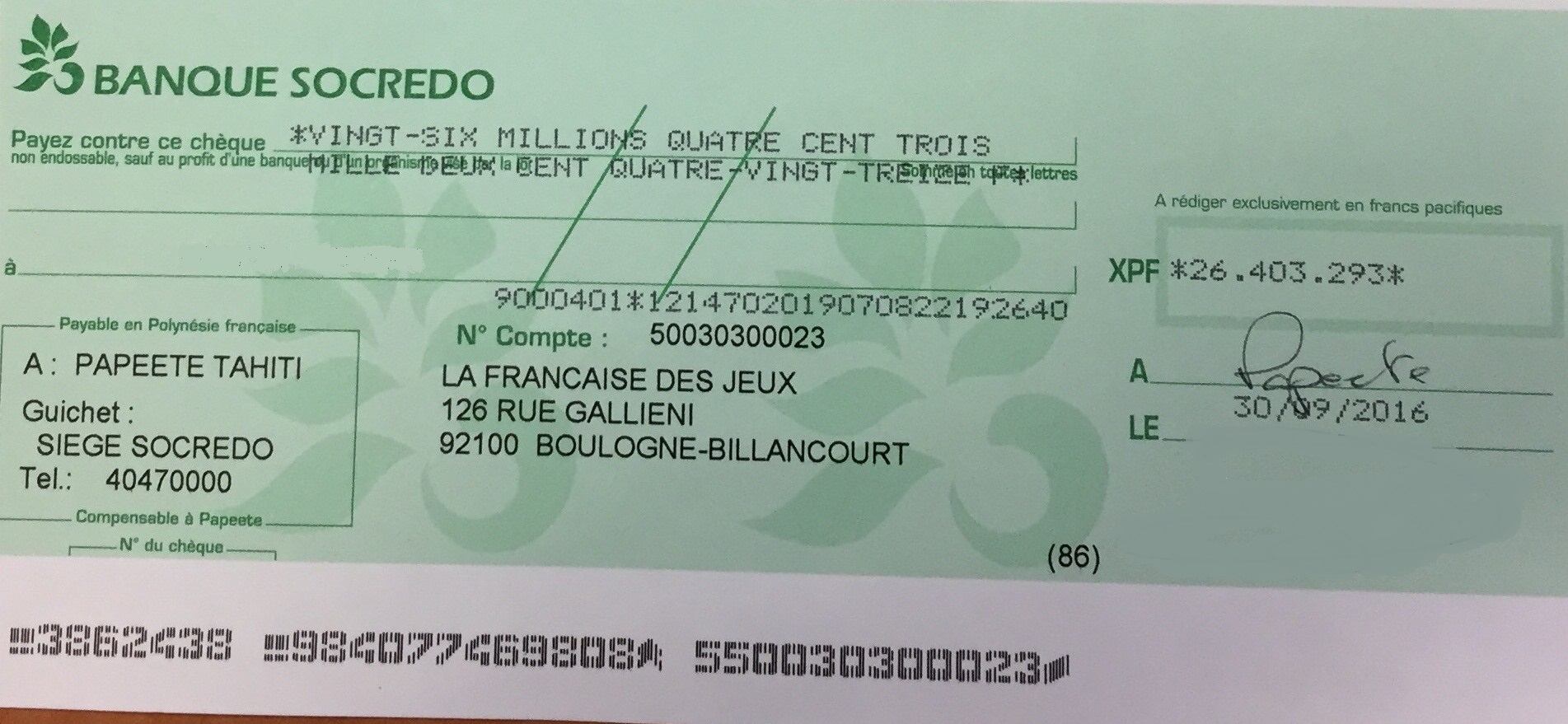 Le gagnant de l'Euromillions a reçu son chèque, il avait validé sa grille à Papenoo