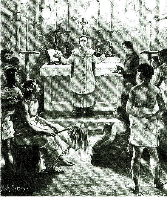 Cette gravure ancienne est intéressante, car elle montre le roi Niuliki, au premier rang, un chasse-mouche dans la main, assistant, par curiosité à une messe dite par Pierre Chanel. Le souverain, au début, n’était pas hostile aux missionnaires.