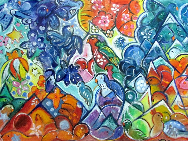 La moitié de la vente de cette grande toile, mettant en scène le 'Ura, une perruche endémique de Polynésie, sera reversée à l’association de sauvegarde Rima’ura.