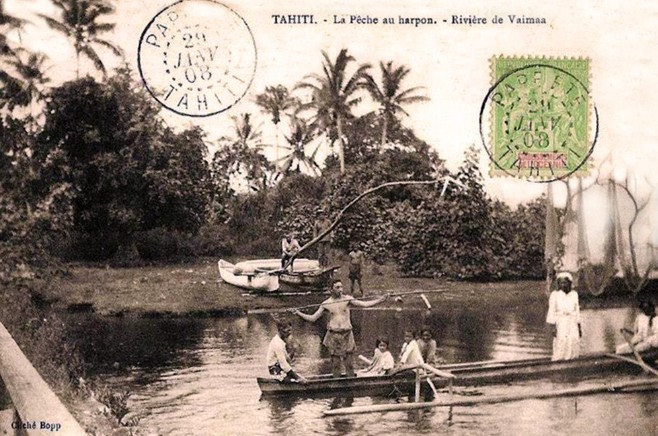 Pèche au harpon à la rivière Vaima en 1908. Photo Bopp