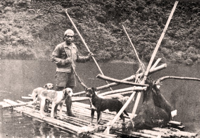 Radeau sur le lac Vaihiria dans les années 50. Photo coll Raymond Tuhio.