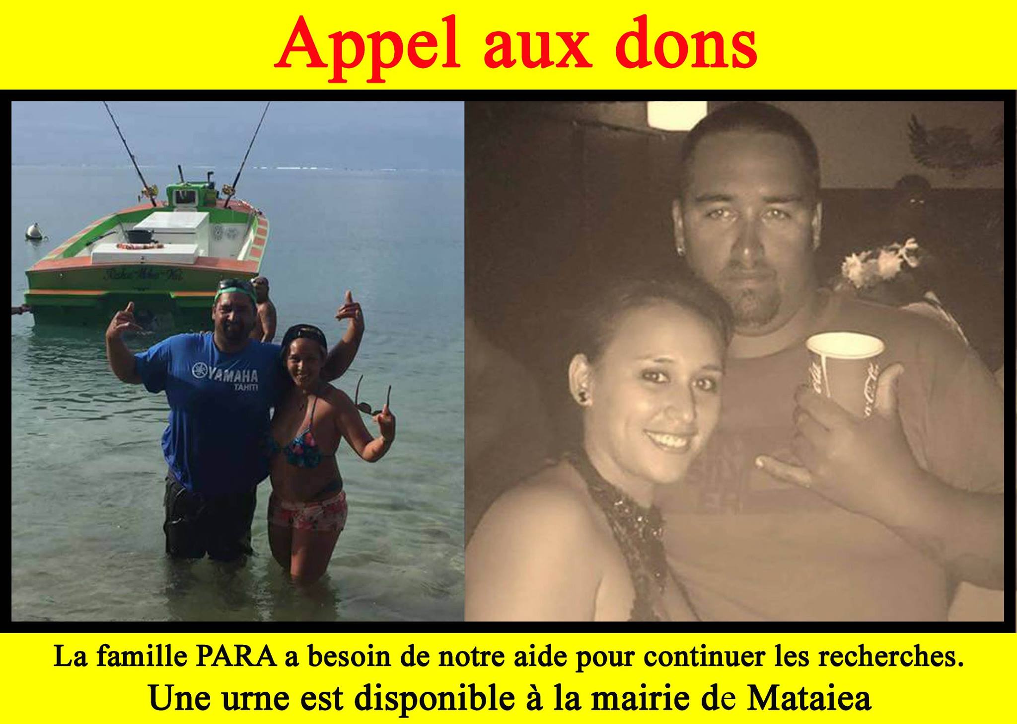 Laurent et Meherio Para sont portés disparus en mer depuis mardi dernier. Ce lundi, la famille a décidé de financer la poursuite des recherches et fait un appel aux dons.