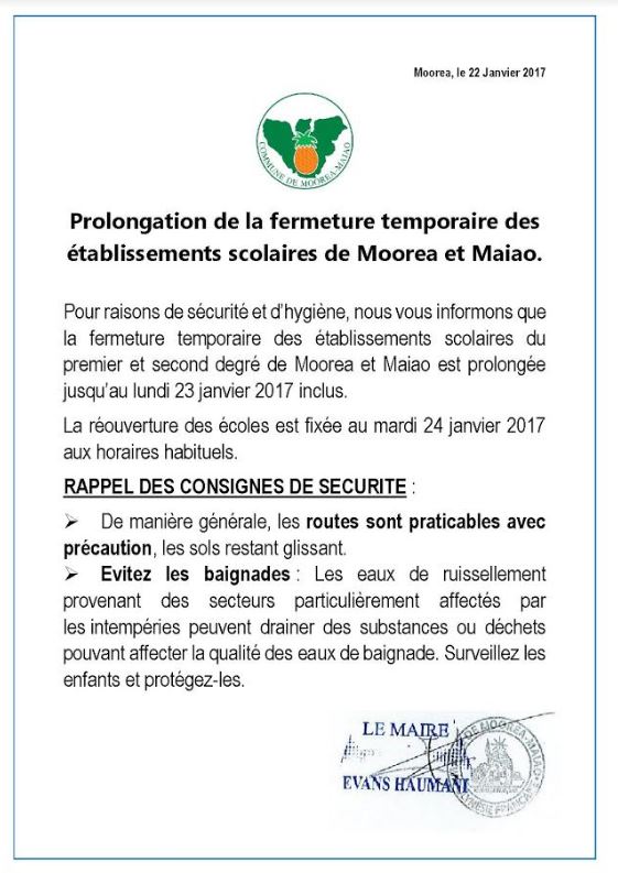 Intempéries:Certaines écoles resteront fermées lundi à Faa'a , Papeete et Moorea
