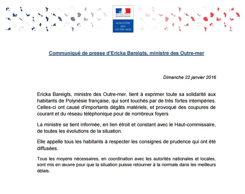Intempéries en Polynésie: la ministre des Outremer, Ericka Bareigts, solidaire