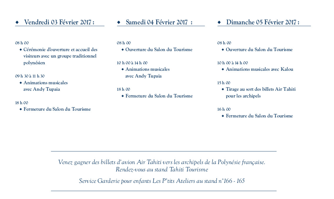 Le Salon du tourisme du 3 au 5 février à Aorai Tini Hau