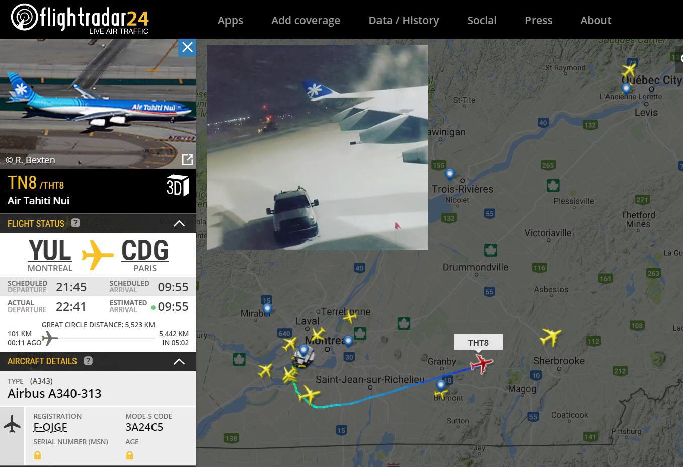 Photo : capture d'écran Flightradar avec incrustation photo de jeffourson sur Instagram.