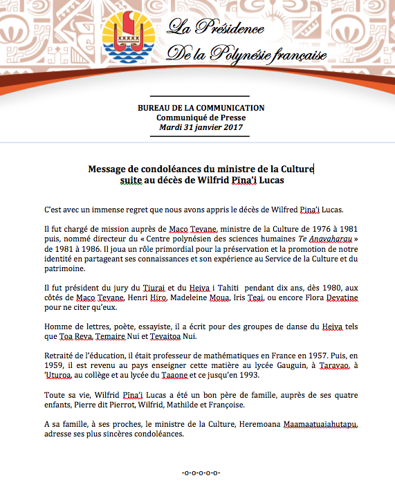 Décès de Wilfrid Pīna’i Lucas