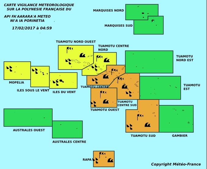 Vigilances météo en cours sur les Tuamotu et la Société