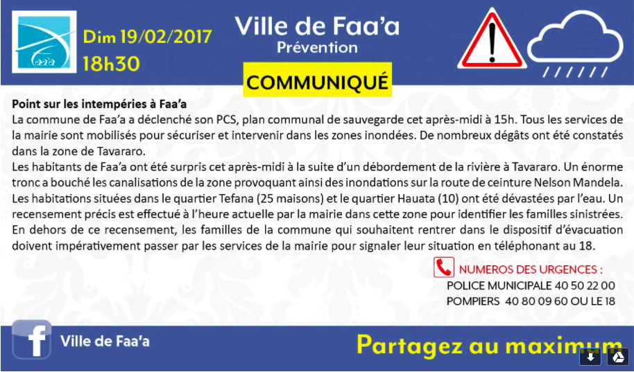 Intempéries: Les écoles de Faa'a seront fermées lundi