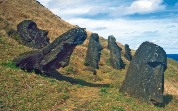 La pente externe du Rano Raraku est couverte de statues aux trois-quarts enterrées.