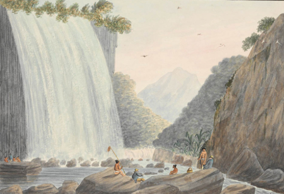 On Matavai River, Island of Otahytey - Te piha, les orgues basaltiques de la Tuauru, Matavai en 1792