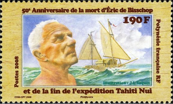 En 2008, pour marquer le cinquantenaire de la disparition de de Bisschop aux îles Cook, l’OPT a émis cette vignette signée Jean-Louis Saquet.