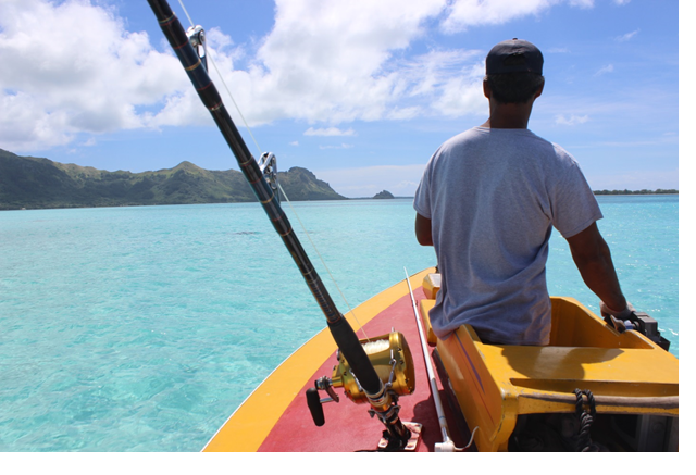 Henri de retour à la marina avec ses prises du matin, deux jeunes thons à nageoires jaunes (Crédit: Jérôme Petit)