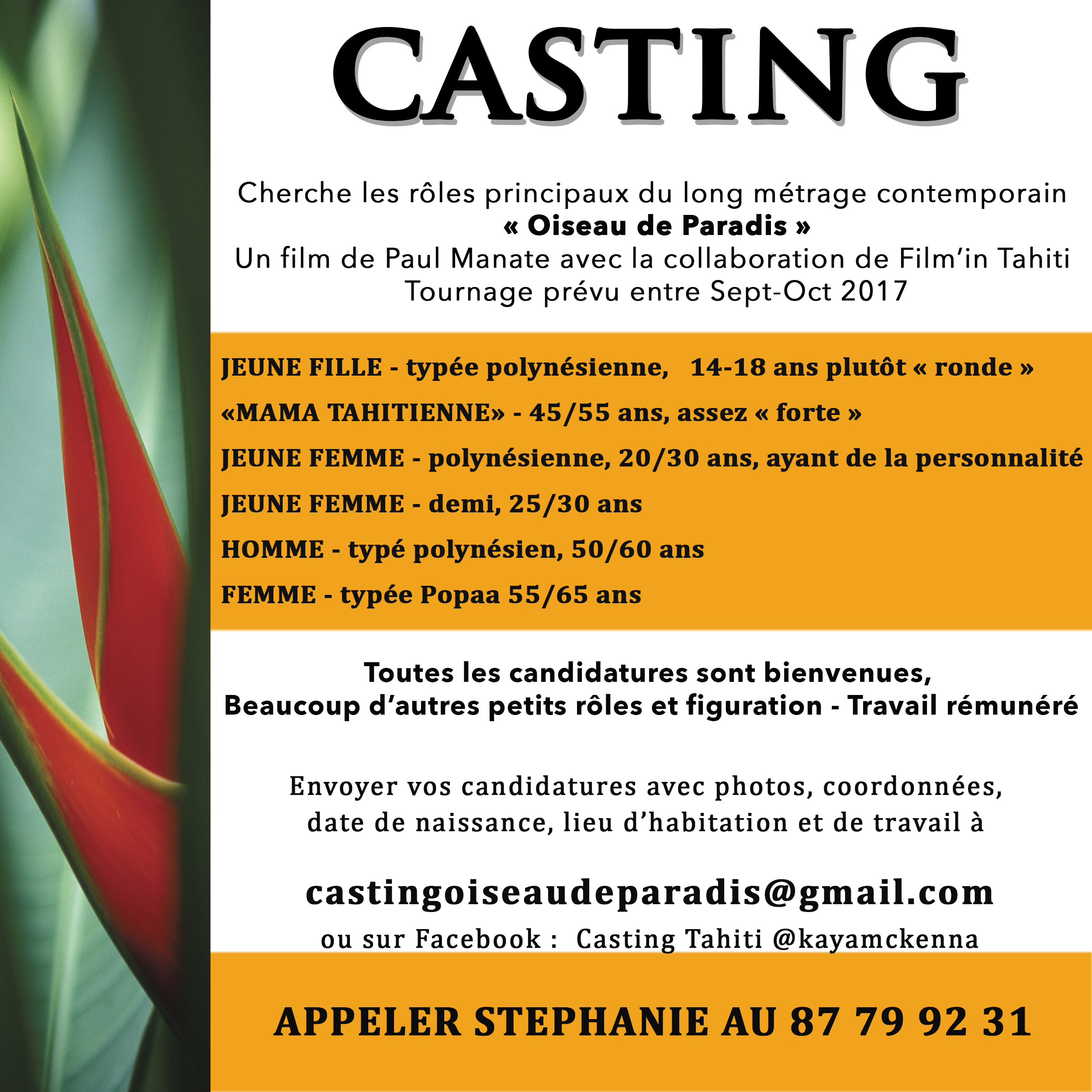 Casting ouvert pour le film "Oiseau de Paradis"