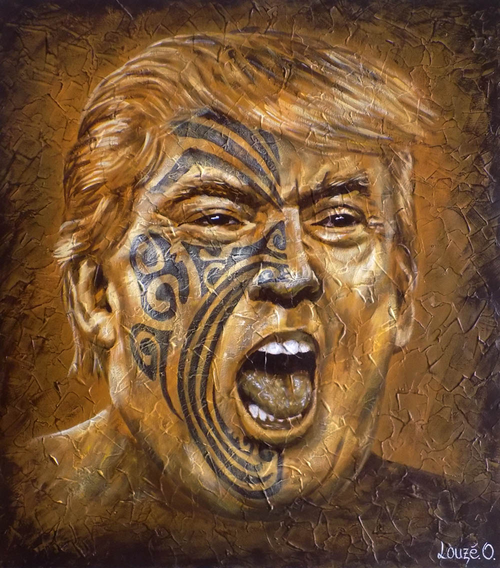 Toujours dans une touche résolument polynésienne, l'artiste dévoile sa vision sur le monde, comme avec ce tableau insolite de Trump.