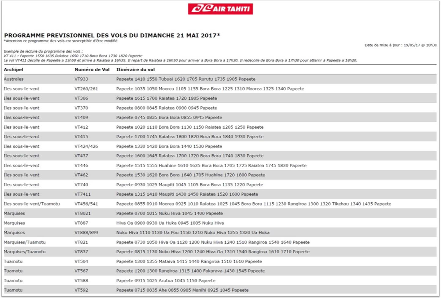 Programme des vols d'Air Tahiti du week-end