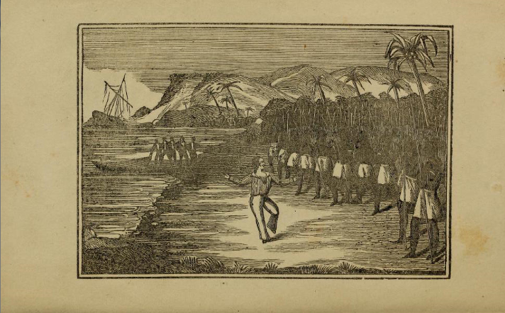 O’Connell débarquant aux îles Carolines (gravure figurant dans la biographie publiée en 1845). On le voit danser sa fameuse gigue, sous le regard de ses cinq autres compagnons d’infortune.