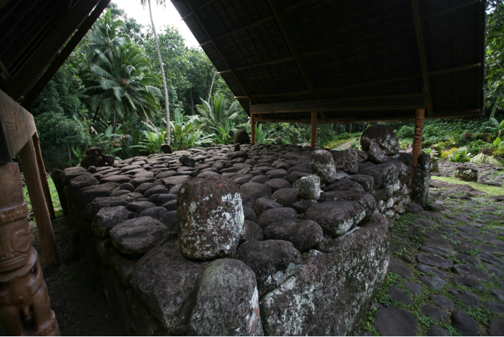 Les petits tiki et têtes de tiki sont eux aussi protégés ; à droite, la plus grosse pièce pourrait être la tête, dit-on, du tiki se trouvant aux côtés de Takaii, celle de Maiauto, décapité pour avoir désobéi à des ordres