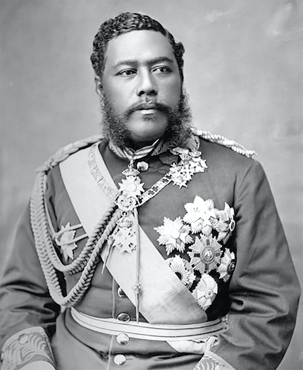 Portrait du roi Kalakaua, promoteur infatigable du renouveau culturel hawaiien et  du ukulele, qu’il associa aux chants anciens et au hula.