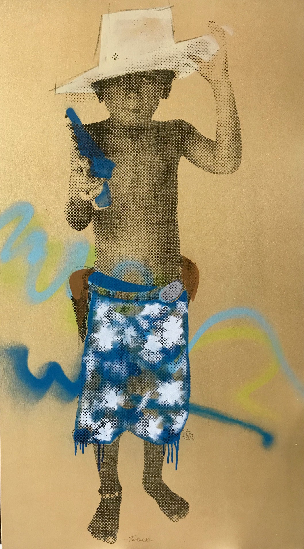 Cette sérigraphie sur toile intitulée "Teikariki-Teikariki" est "un transfert du double Elvis de Warhol rehaussé d'un clin d'œil au vandalisme urbain actuel et inutile", explique l'artiste.