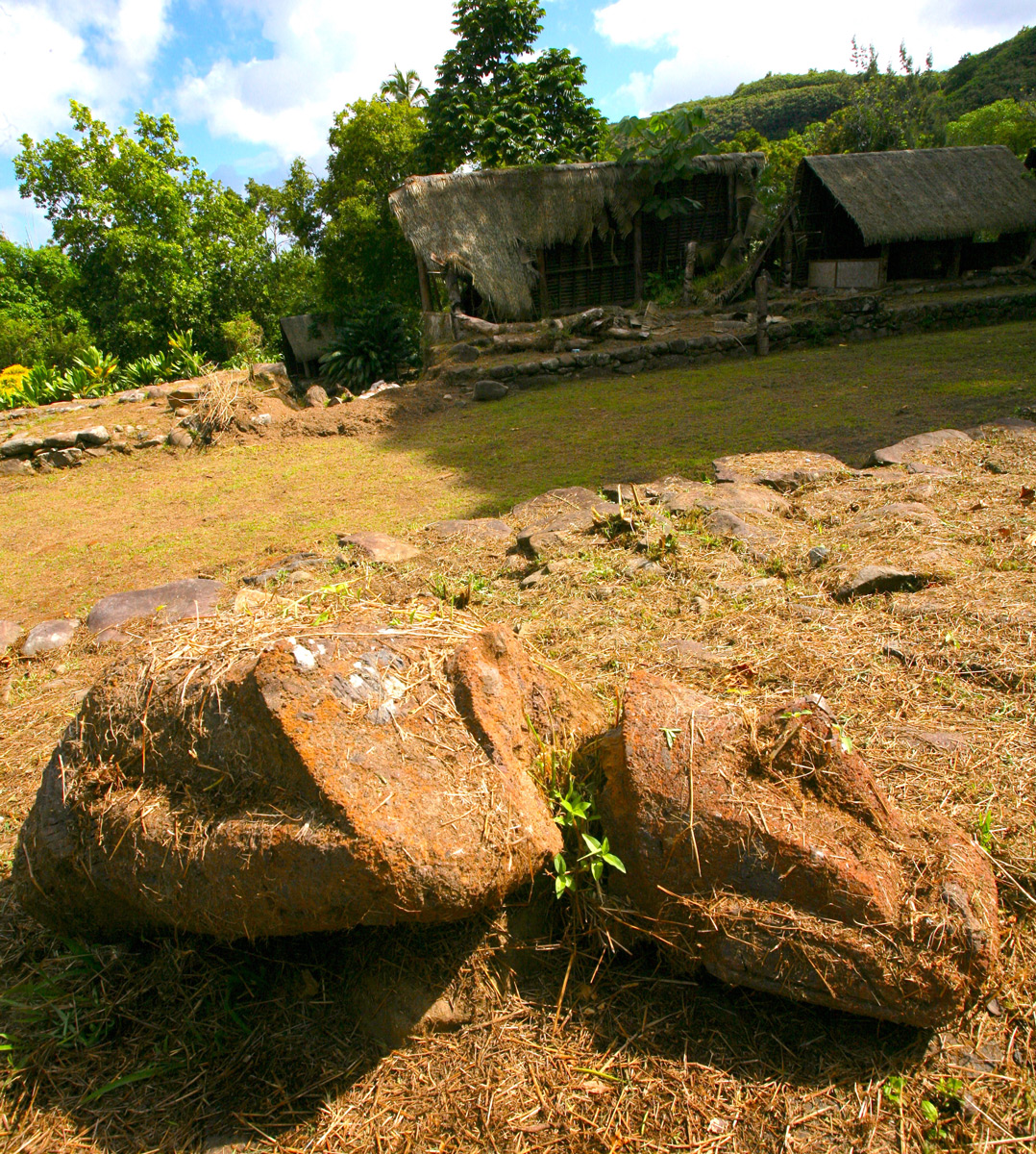 Le moai pascuan qui a été déplacé sur une plate-forme en hauteur et qui a été brisé. Il gît à terre, complètement abandonné.