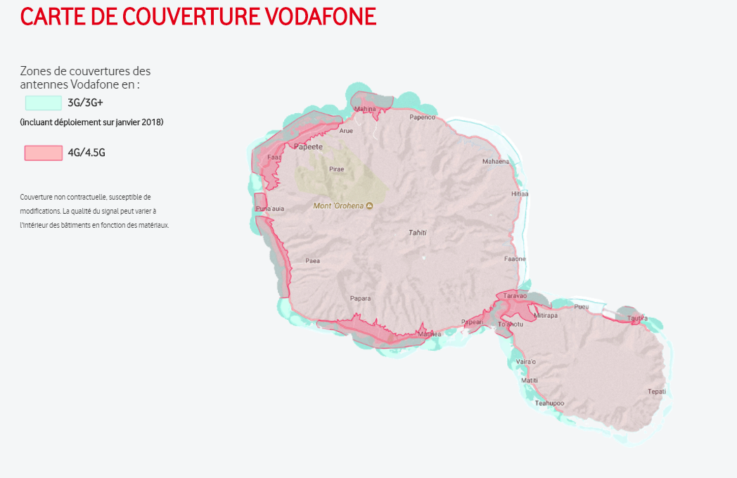 Couverture du réseau 4.5G (en rose) sur l'île de Tahiti.