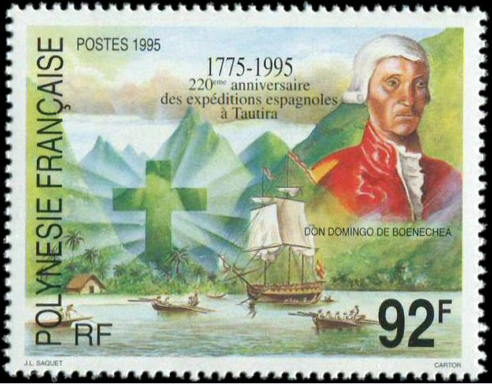 En 1995, l’Office des Postes de Polynésie fran !aise avait rendu hommage aux expéditions espagnoles à Tahiti, qui amenèrent le catholicisme dans notre îles bien avant les missionnaires protestants du « Duff » .