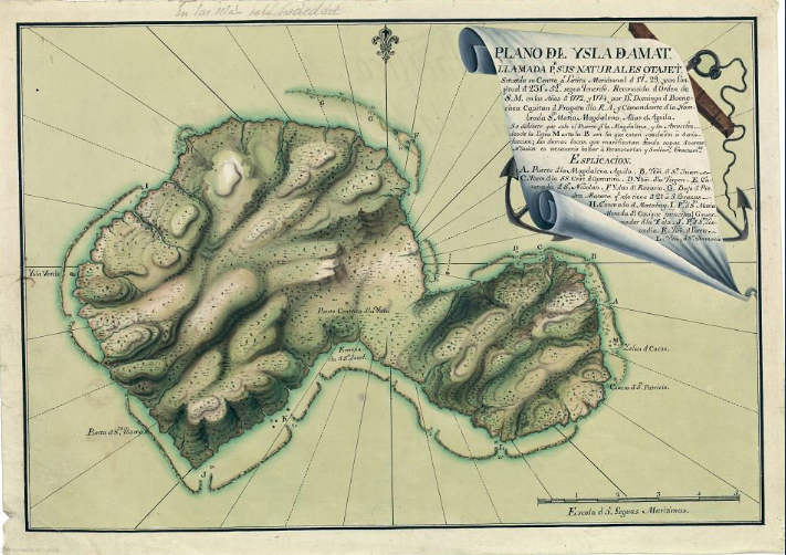 La première carte de Tahiti exécutée par l’expédition de Boenechea. C’est à cette époque que quatre Tahitiens embarquèrent pour l’Amérique du Sud ; deux seulement, devenus cathliques, rentrèrent vivants à Taiti.