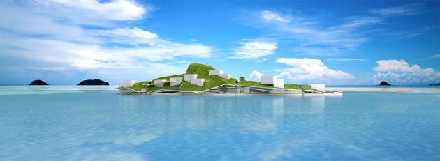 Premiers designs de l'île flottante avec ses toits végétaux.