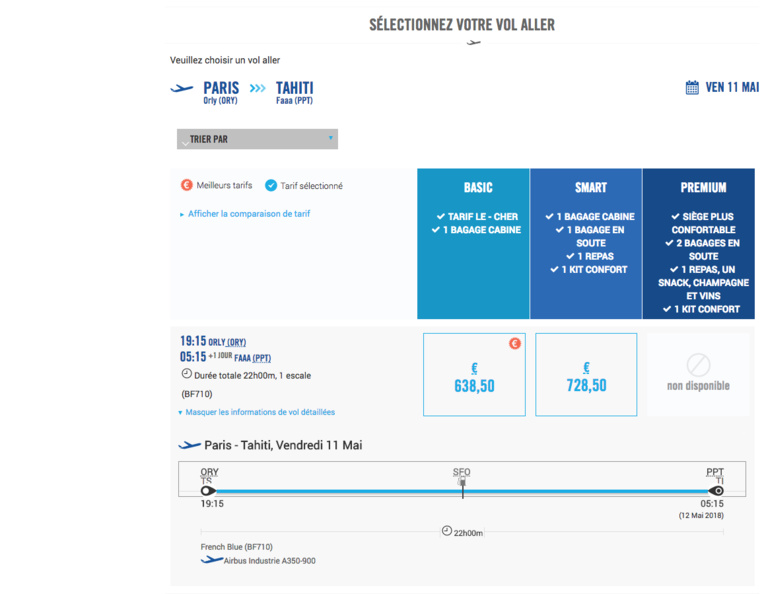 Capture d’écran du site de réservations de la compagnie French blue. Le premier prix est un vol aller simple Paris-Tahiti à 638,5 euros.