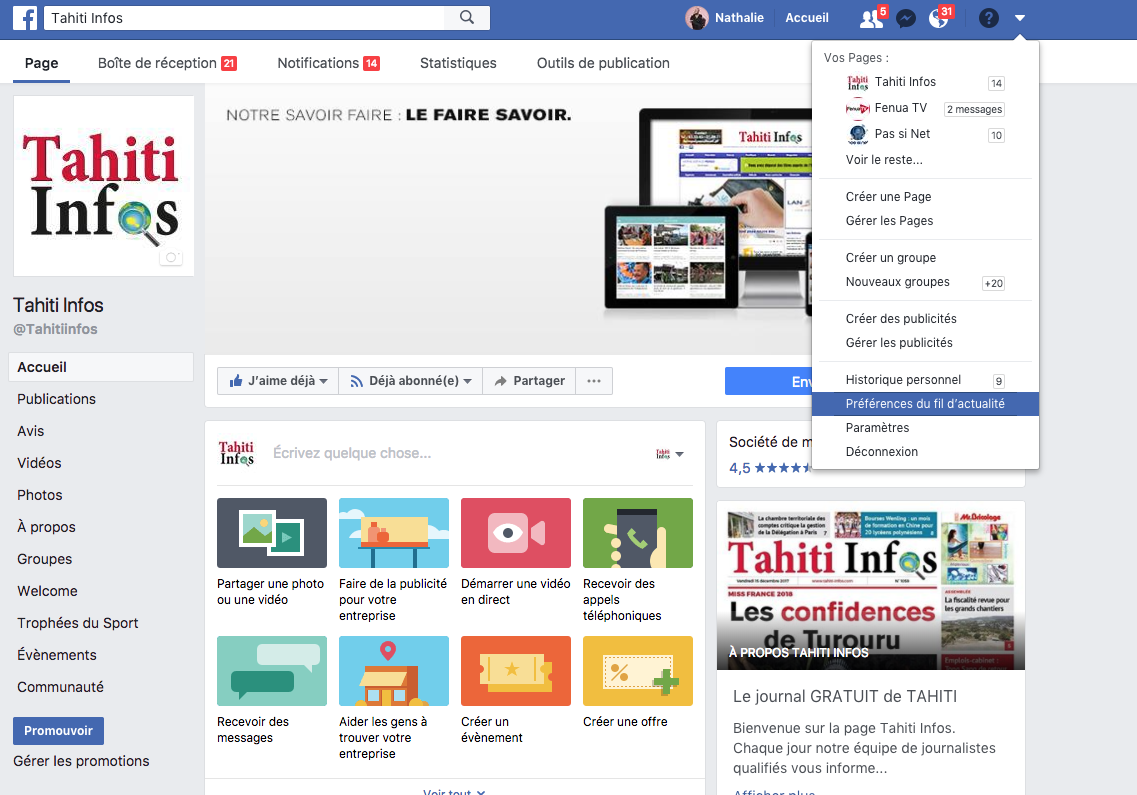 Cliquez sur la petite flèche en haut à droite de votre page et sélectionnez "Préférence du fil d'actualité"