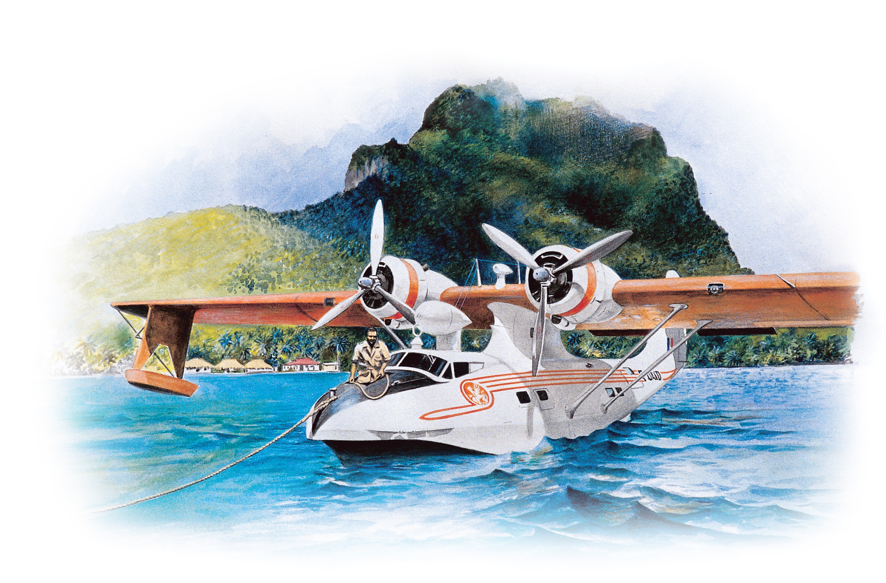 Les Catalina de la Régie, qui desservent d’abord les îles Sous-le-Vent, sont basés sur le motu Tahiri de Faa’a qui deviendra le pivot central du développement du futur Aéroport international tahitien. Dessin Jean-Louis Saquet.