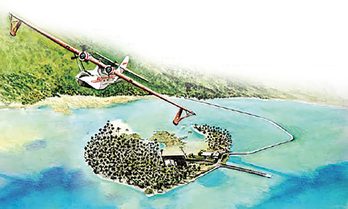 Le motu Tahiri en 1957. Les installations de la base d’hydravions auxquelles on accède par une route en remblai, serviront provisoirement d’aérogare lors de l’ouverture de la piste. Dessins Jean-Louis Saquet.