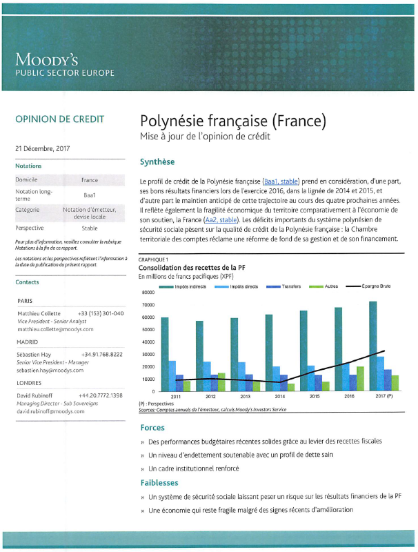 Moody’s confirme la note Baa1 de la Polynésie française