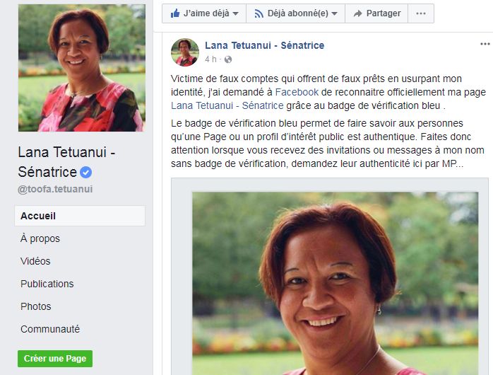 Lana Tetuanui, victime de faux comptes Facebook 