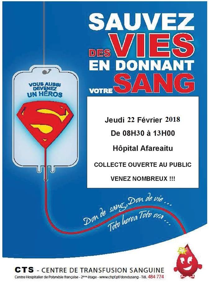 Don du sang à Hopital Afareaitu MOOREA le jeudi 22 février 2018