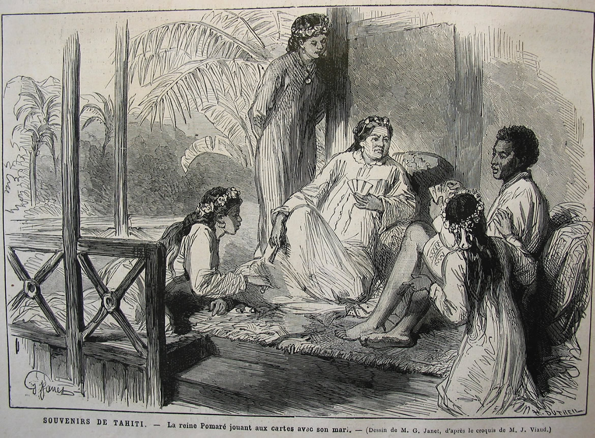 La reine Pomaré jouant aux cartes en 1877, dut céder à Laplace et admettre que les catholiques n’étaient pas des pestiférés à Tahiti, au grand dam des protestants anglais, particulièrement intolérants à l’époque.