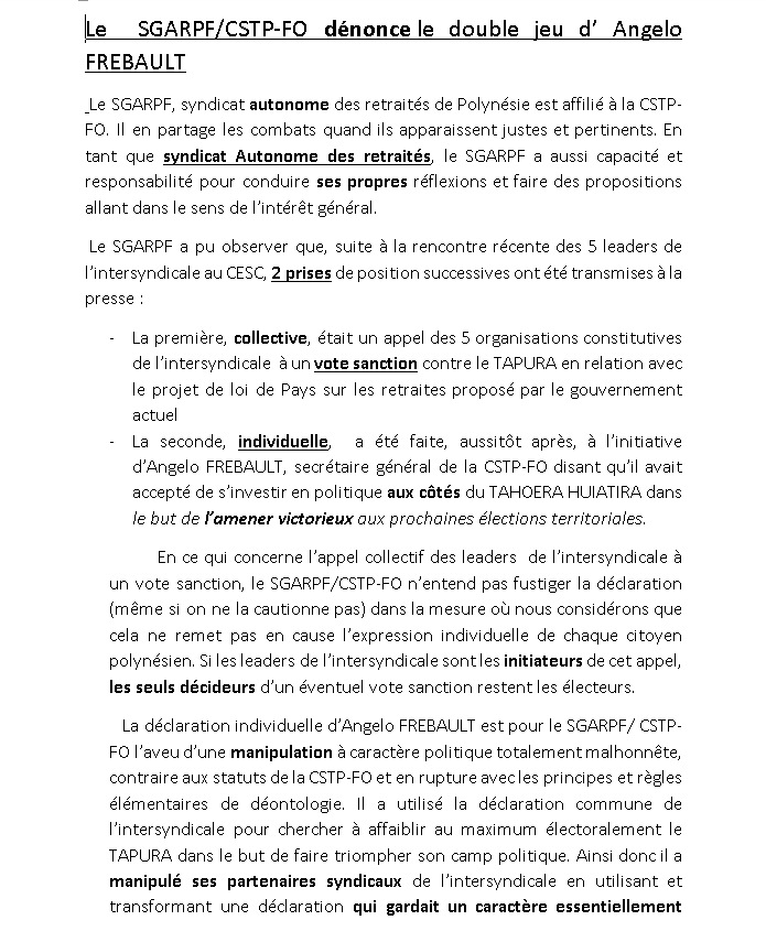 Le syndicat autonome des retraités de Polynésie dénonce la manipulation politique d'Angelo Frébault