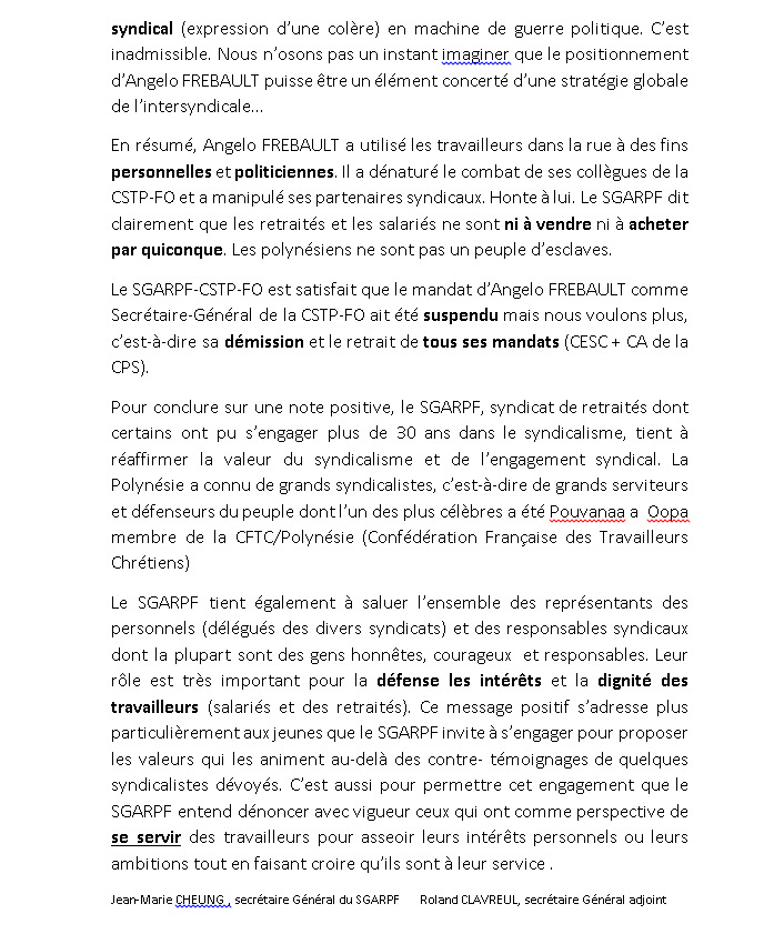Le syndicat autonome des retraités de Polynésie dénonce la manipulation politique d'Angelo Frébault
