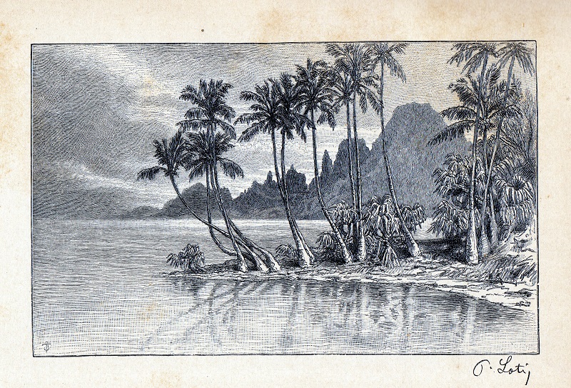 Une gravure de paysage polynésien par Pierre Loti (extrait de la collection Margueron)