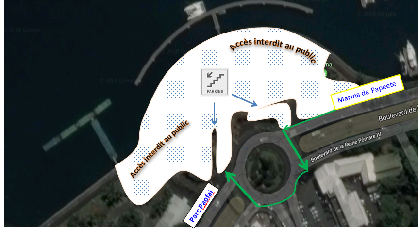 Le cheminement piétonnier reliant le parc Paofai à la marina de Papeete est modifié durant les 48 semaines du chantier. Seuls les accès piétons au parking seront ouverts.