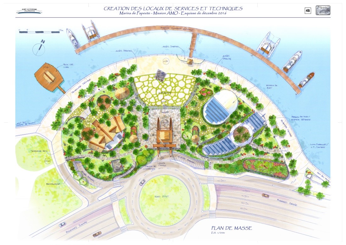 Une place d’animation culturelle, un parvis sur lequel sera édifiée une grande pirogue emblématique, un bistrot de port, un restaurant, le bureau du port de la marina de Papeete et des locaux techniques.