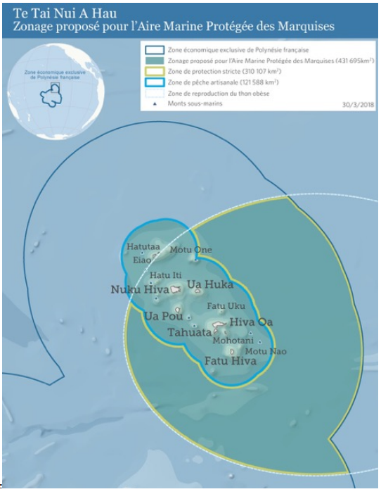 Le projet d'aire marine protégée Te Tai Nui a Hau protégerait 430 000 km² dans les eaux Marquisiennes, tout en préservant la pêche artisanale dans les zones côtières.