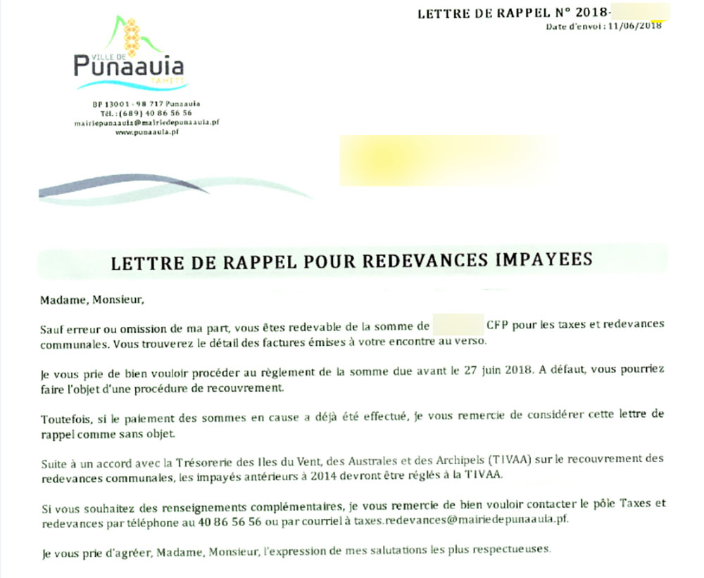 Punaauia - Redevances impayées: confusion après l'envoi des courriers