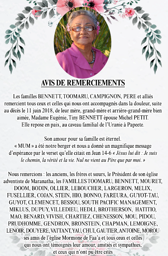 Avis de remerciements Famille BENNETT-TOOMARU