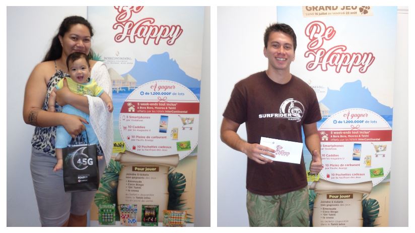Nathalie Vairaa et Stephen Bres ont été tirés au sort, ce mardi, et remportent chacun un smartphone offert par Vodafone et un bon de carburant dans les stations Shell et Pacific d’une valeur de 20 000 francs, grâce au jeu concours Be Happy de la Pacifique des jeux.